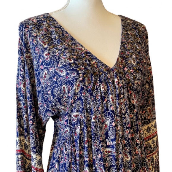 NWT En Créme Boho Peasant Dress | Navy Paisley Design + Beaded V-Neck (S) - Picture 11 of 14